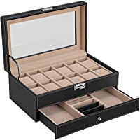 Songmics JWB012 - Caja para 12 de relojes y cajón joyería- soporte de exhibición con vitrina- color negro y crema